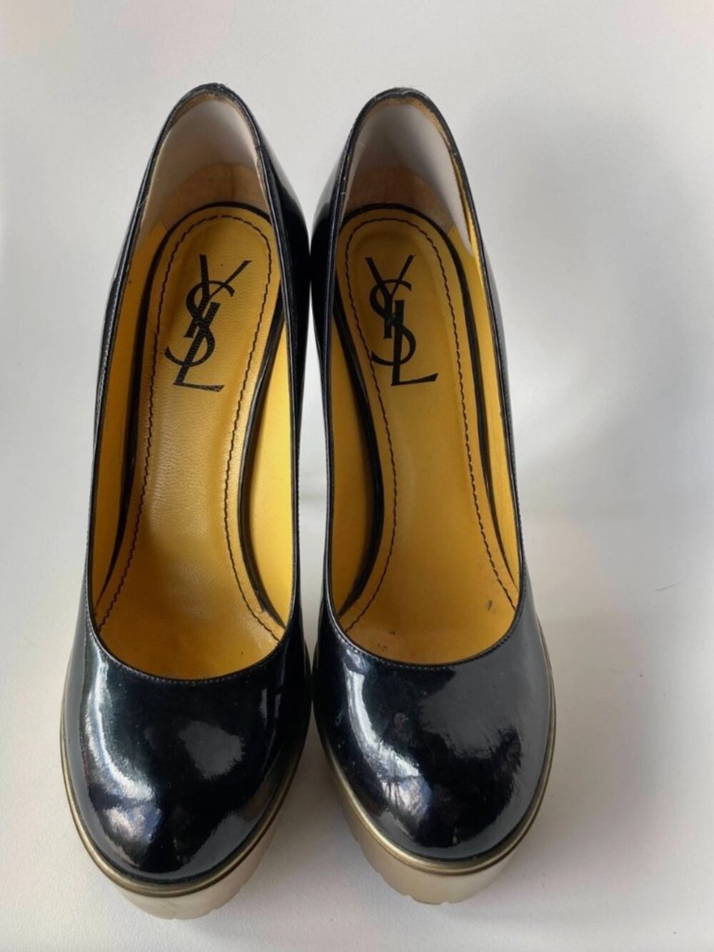 Yves Saint Laurent - YSL Trooper Black Patent Platforms with gold